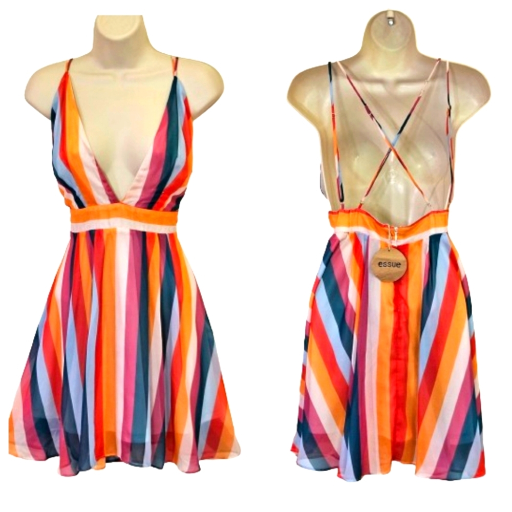 ESSUE Red/Orange Multi-Color Striped Deep Plunge Strappy Mini Dress,Large,NWT - Picture 13 of 16